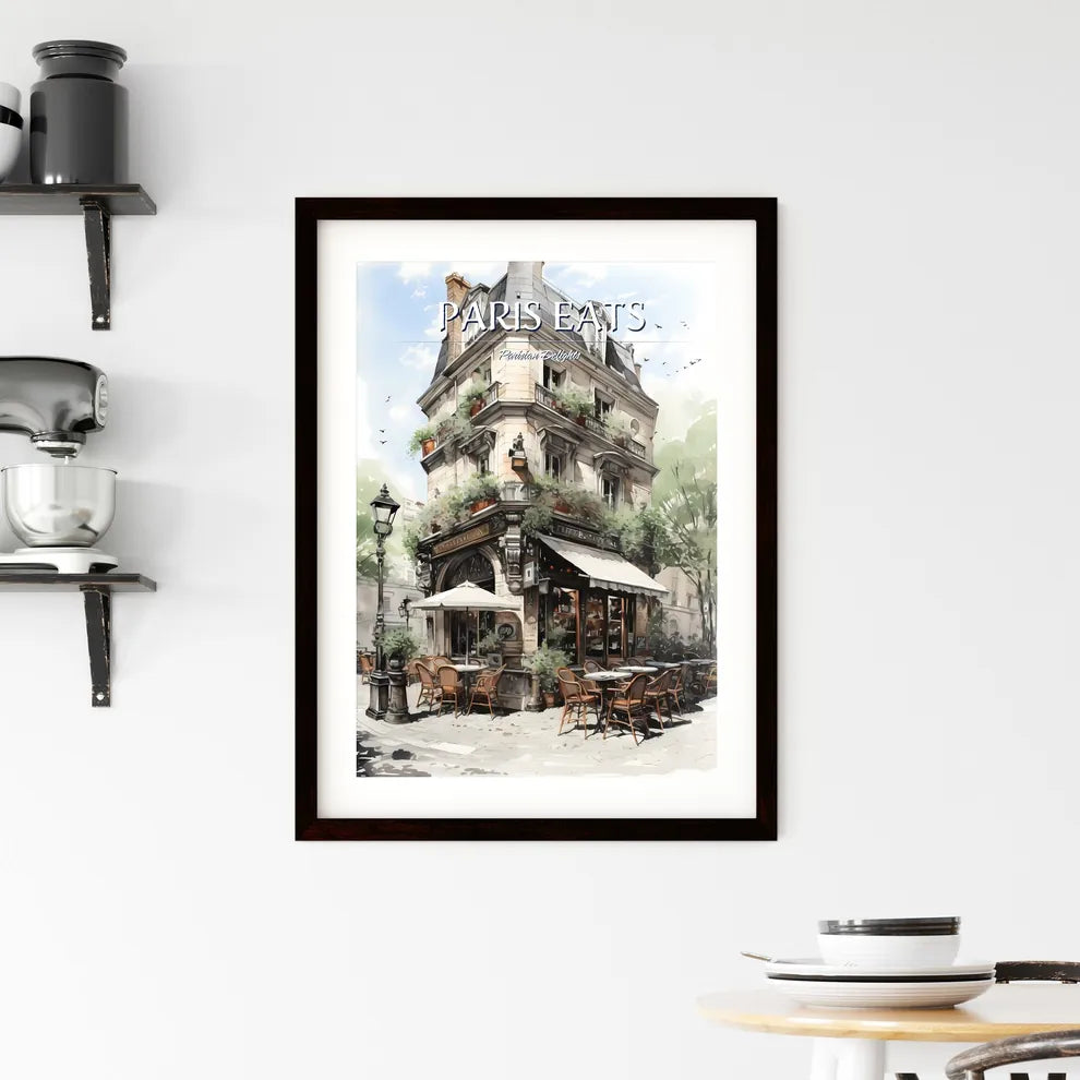 A Poster of the exterior of a paris restaurant - A Building With Tables And Chairs Custom Print