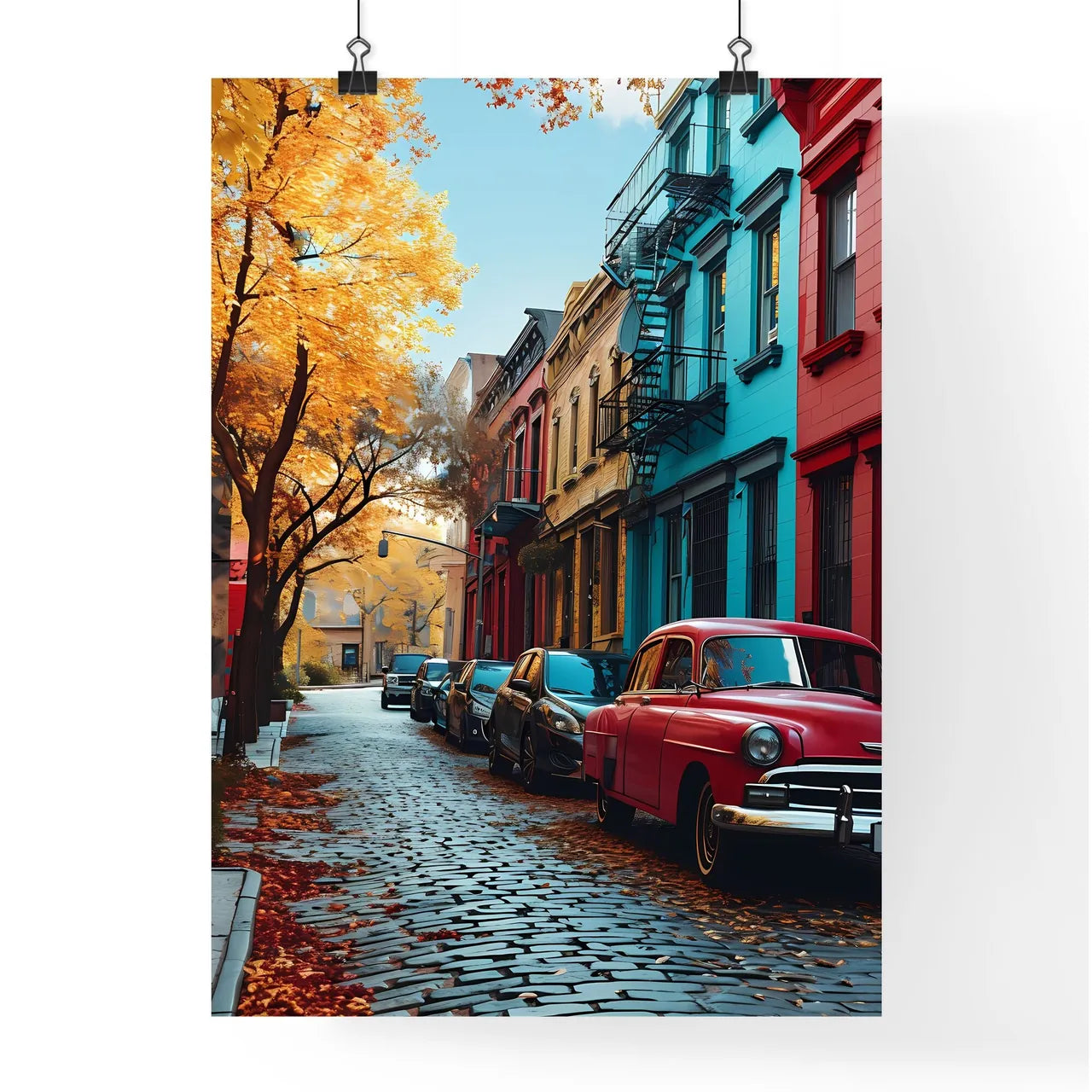 A Poster of art style ny city - A Street With Cars Parked On The Side Poster