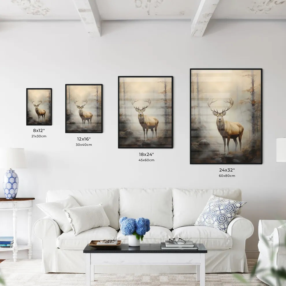 A Poster of an elk is standing on a fog  Size Chart