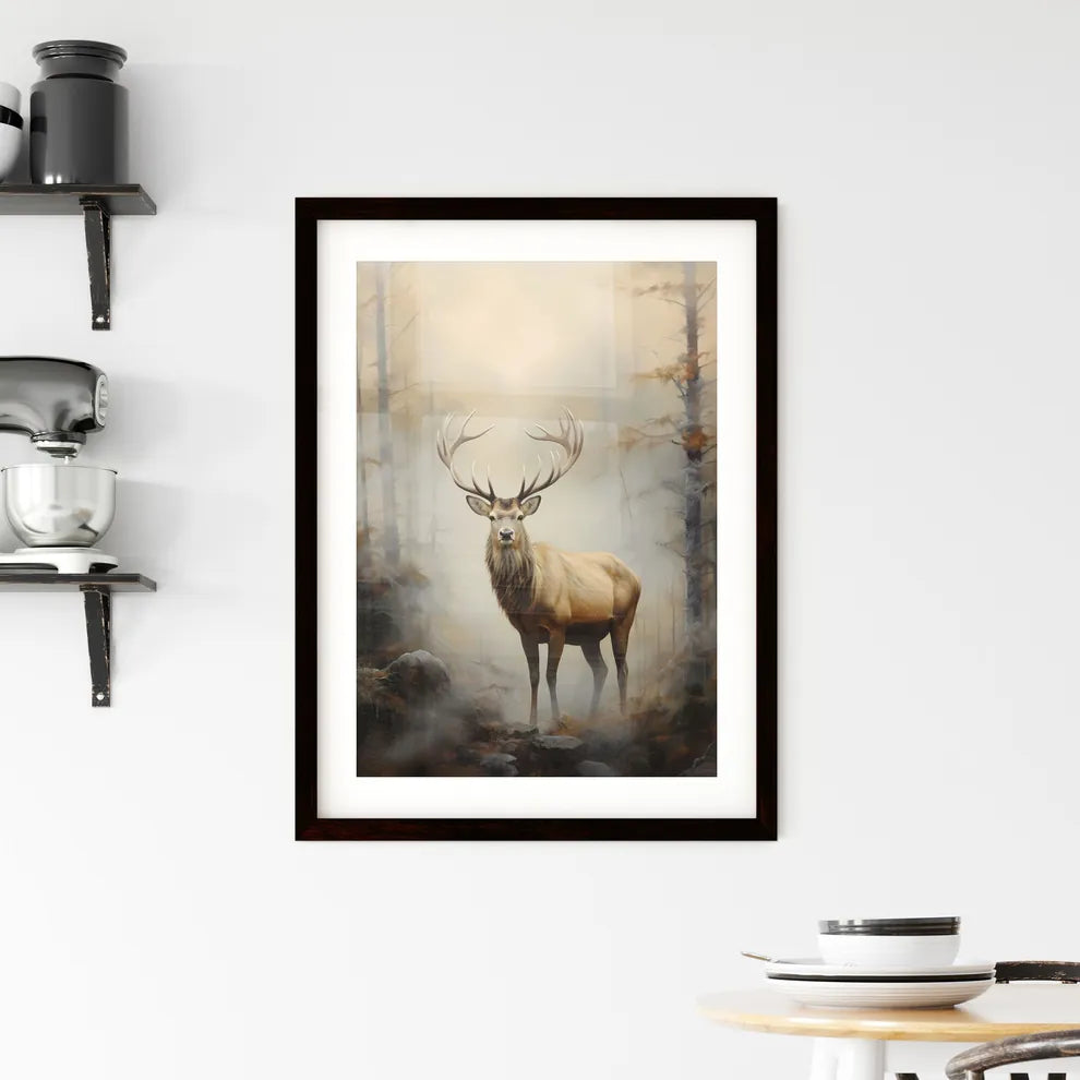 A Poster of an elk is standing on a fog  Framed Print