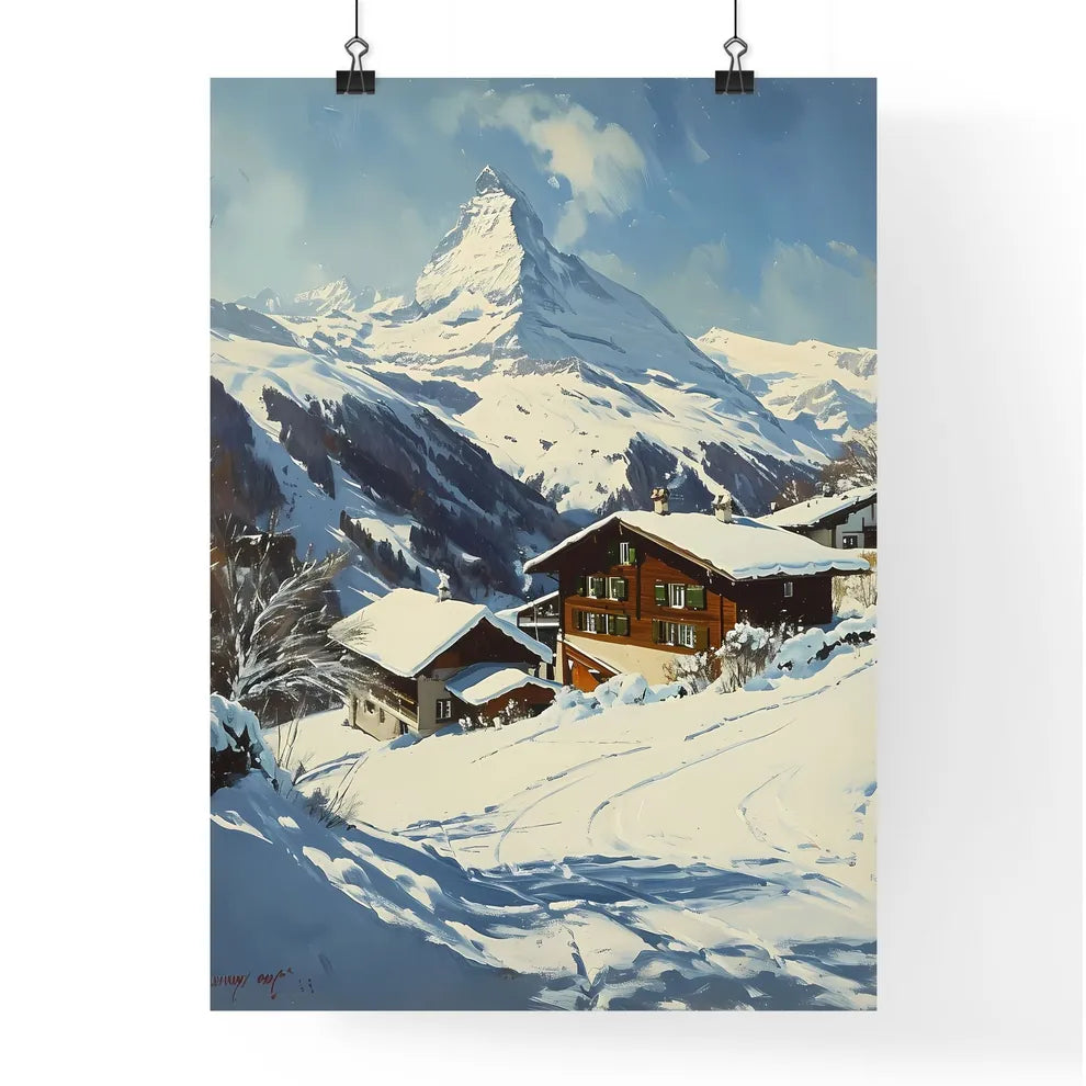 A Poster of Matterhorn - A Snowy Mountain With Houses And Trees Poster