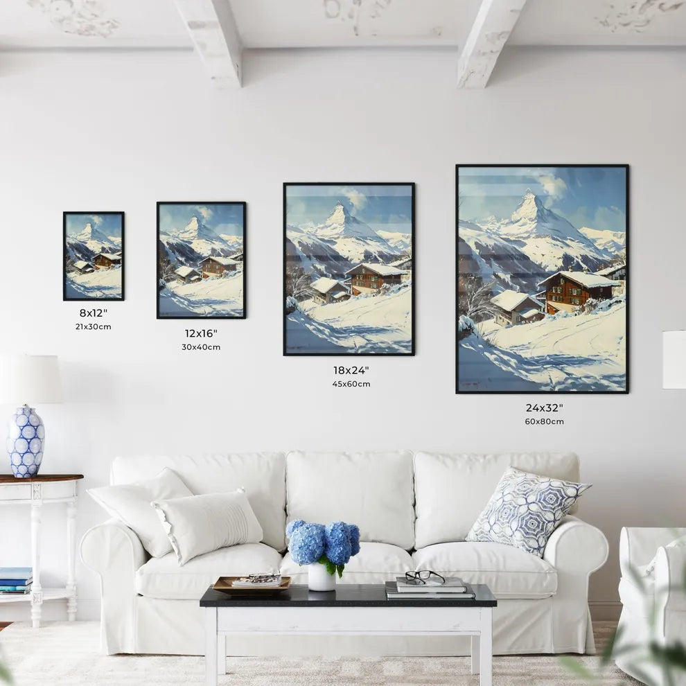 A Poster of Matterhorn - A Snowy Mountain With Houses And Trees Size Chart
