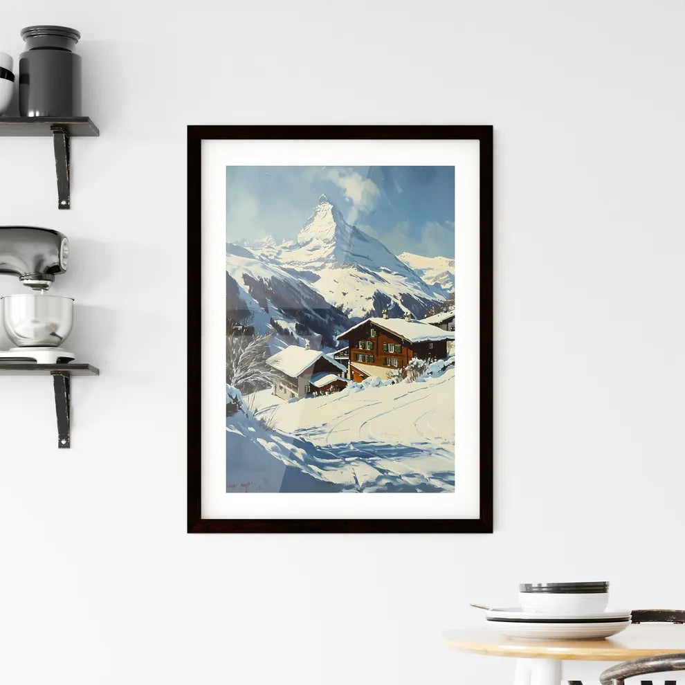 A Poster of Matterhorn - A Snowy Mountain With Houses And Trees Custom Print