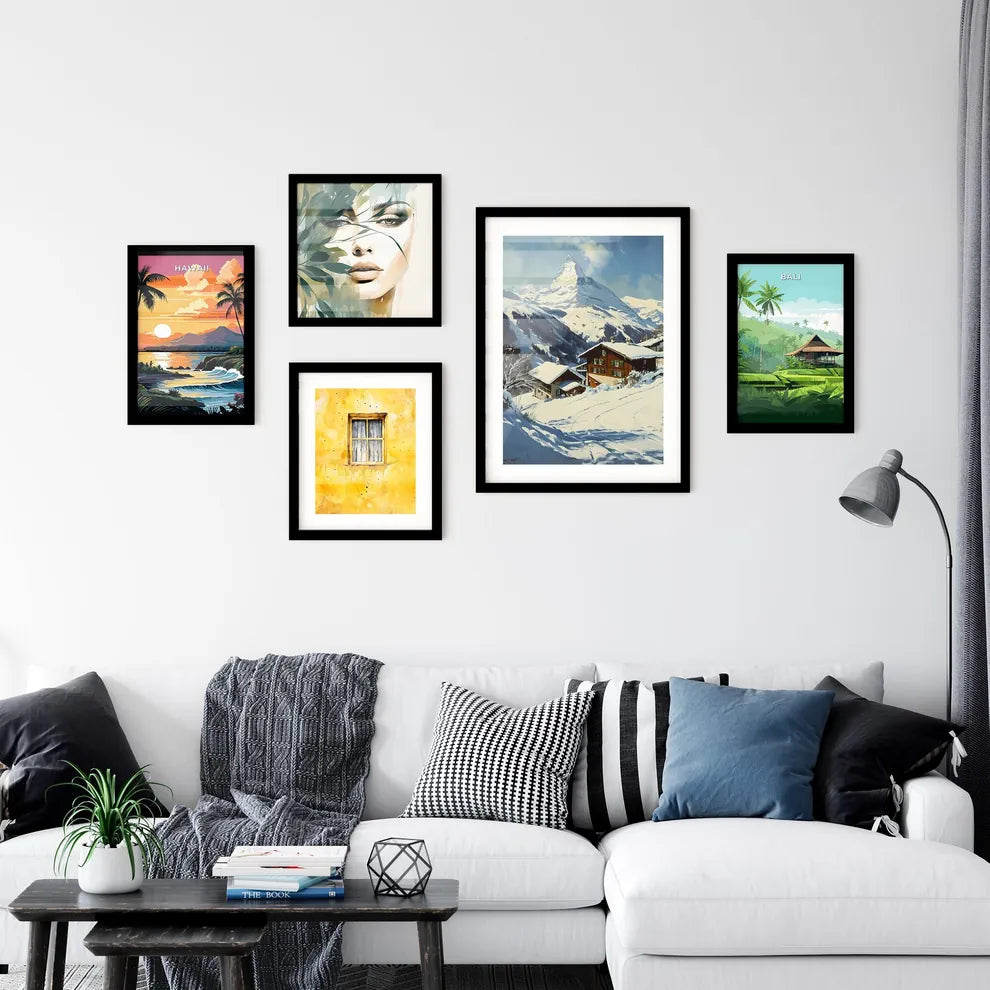 A Poster of Matterhorn - A Snowy Mountain With Houses And Trees Interior Design