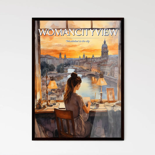 A Poster of illustration of young woman working - A Woman Sitting In A Chair Looking Out A Window At A City Framed Art