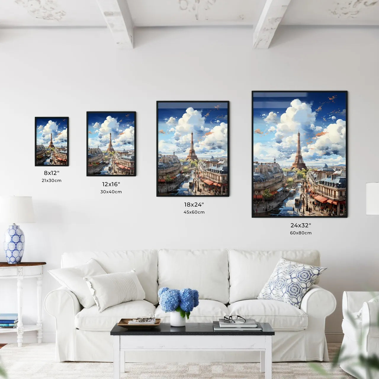 A Poster of the roofs of paris - A City With A Tower And Buildings Size Chart