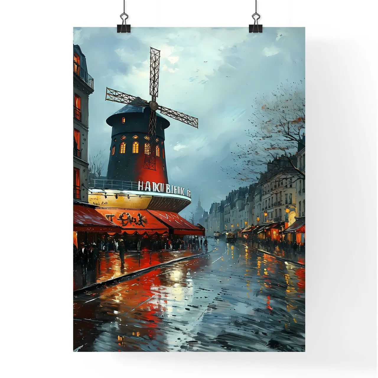 A Poster of moulin rouge advertising - A Street With A Windmill On It Poster