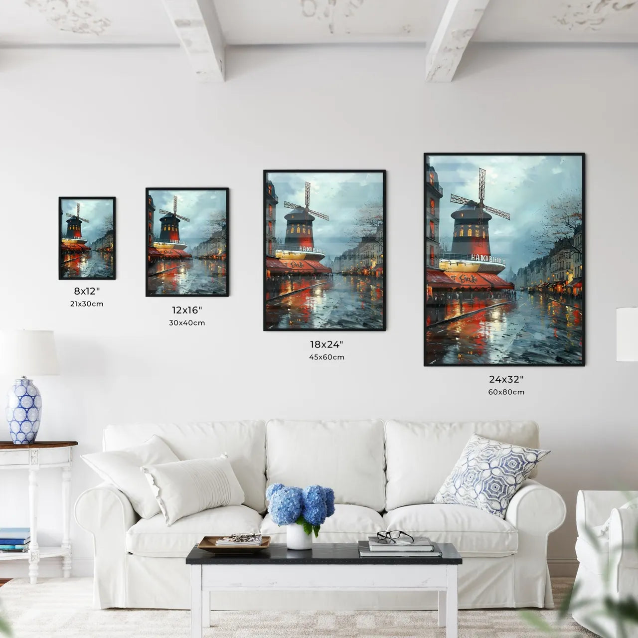 A Poster of moulin rouge advertising - A Street With A Windmill On It Size Chart