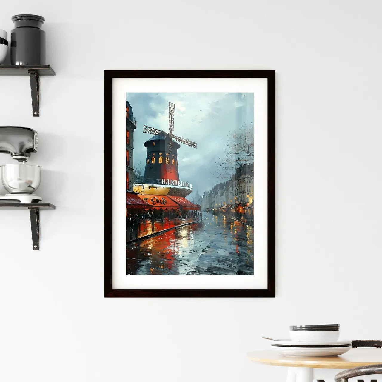 A Poster of moulin rouge advertising - A Street With A Windmill On It Custom Print
