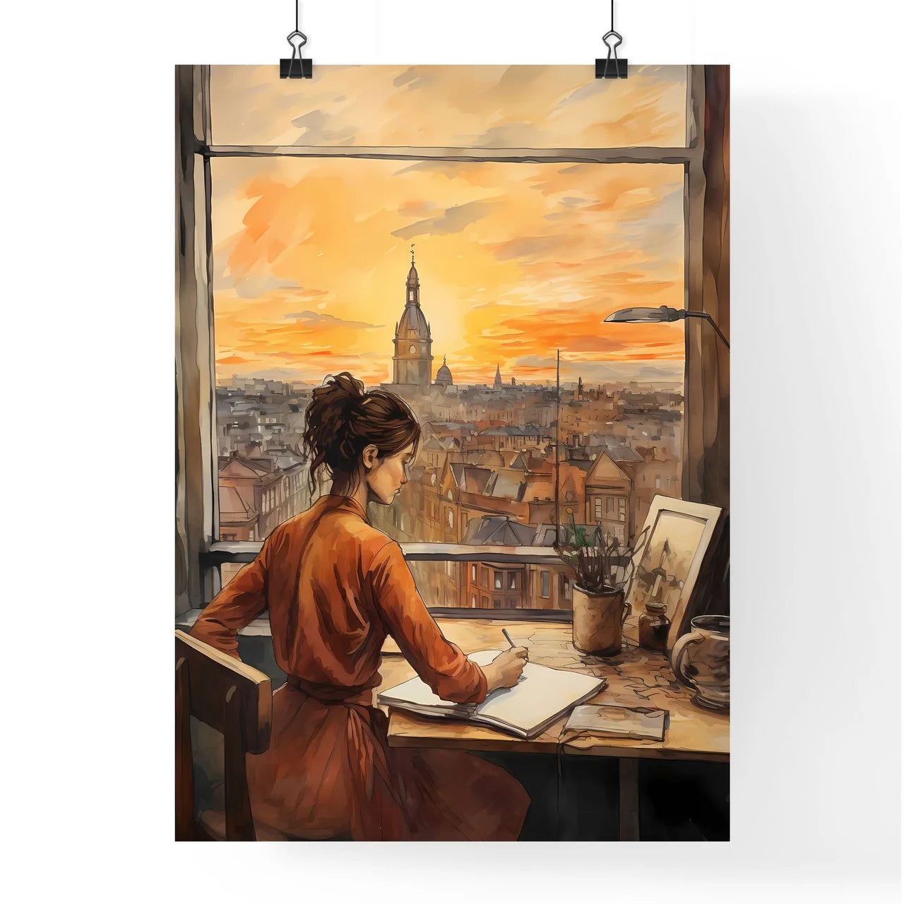 A Poster of illustration of young woman working - A Woman Sitting At A Desk Writing On A Book Poster