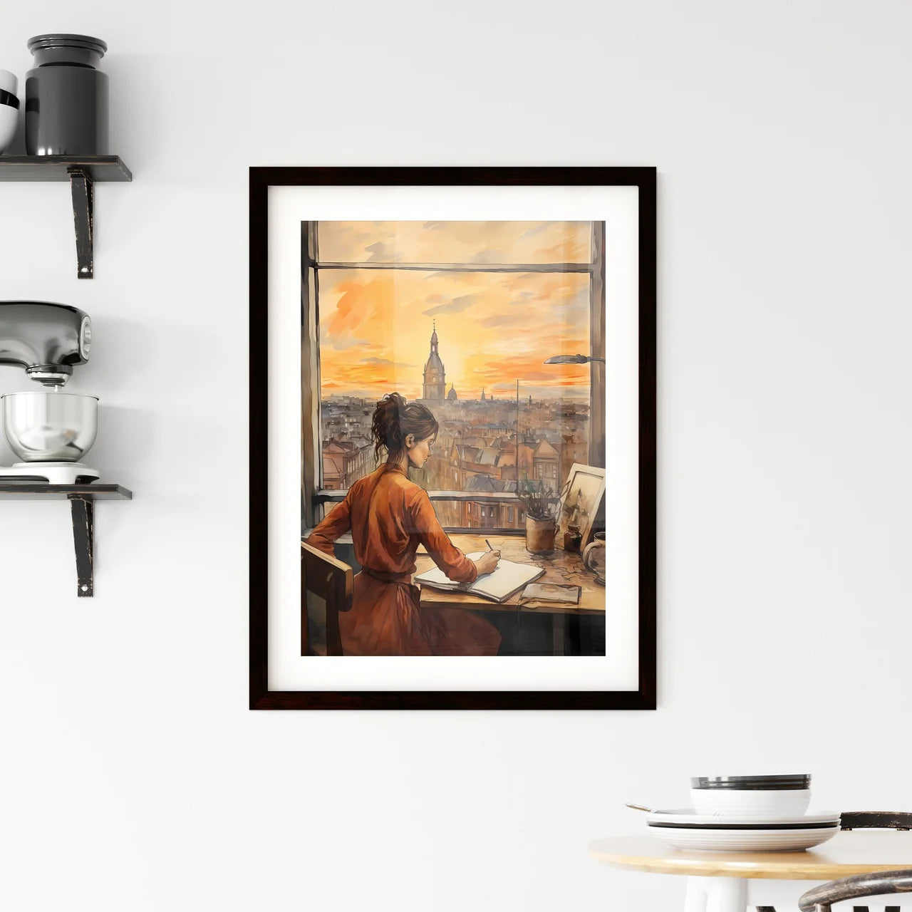 A Poster of illustration of young woman working - A Woman Sitting At A Desk Writing On A Book Custom Print