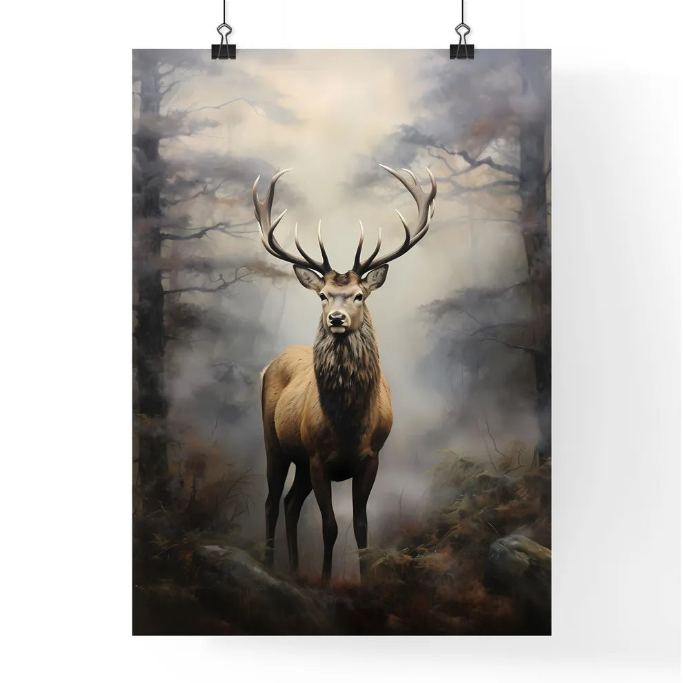 A Poster of an elk is standing on a fog  Poster