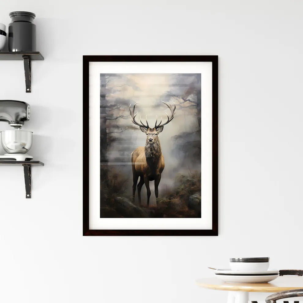 A Poster of an elk is standing on a fog  Framed Print