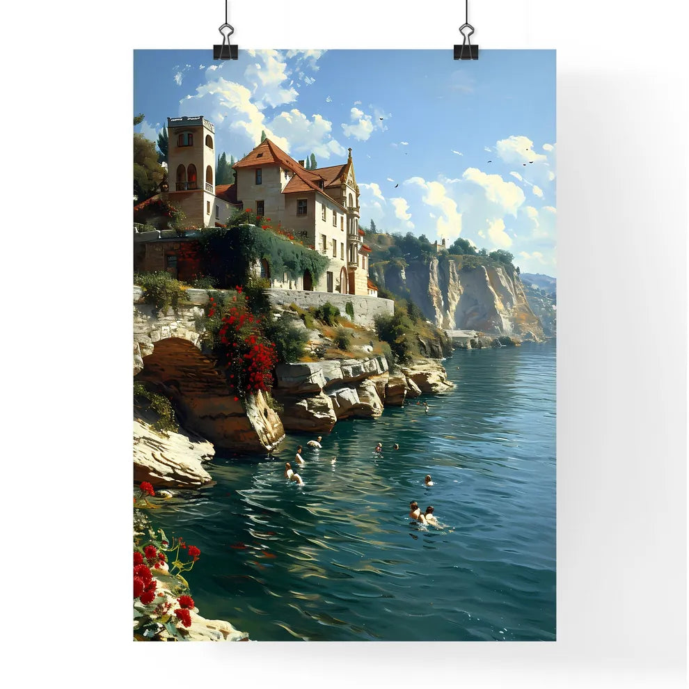 A Poster of bathing scene - A Building On A Cliff Above Water Poster