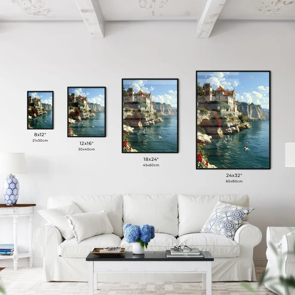 A Poster of bathing scene - A Building On A Cliff Above Water Size Chart