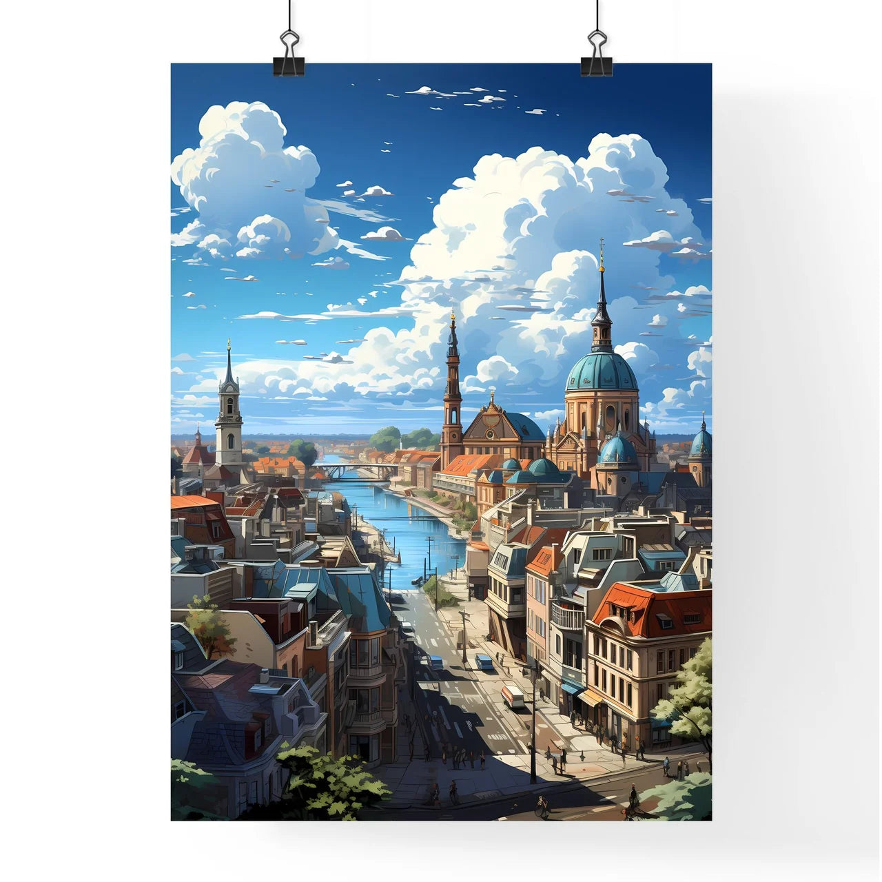 A Poster of the roofs of berlin skyline - A City With A River And Buildings Poster