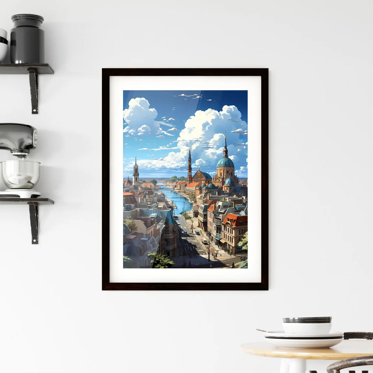 A Poster of the roofs of berlin skyline - A City With A River And Buildings Custom Print