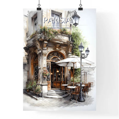 A Poster of the exterior of a paris restaurant - A Building With Tables And Chairs
