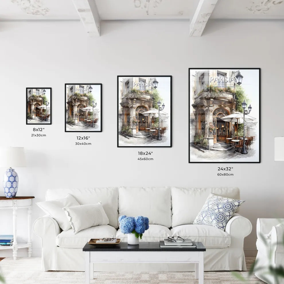 A Poster of the exterior of a paris restaurant - A Building With Tables And Chairs Size Chart