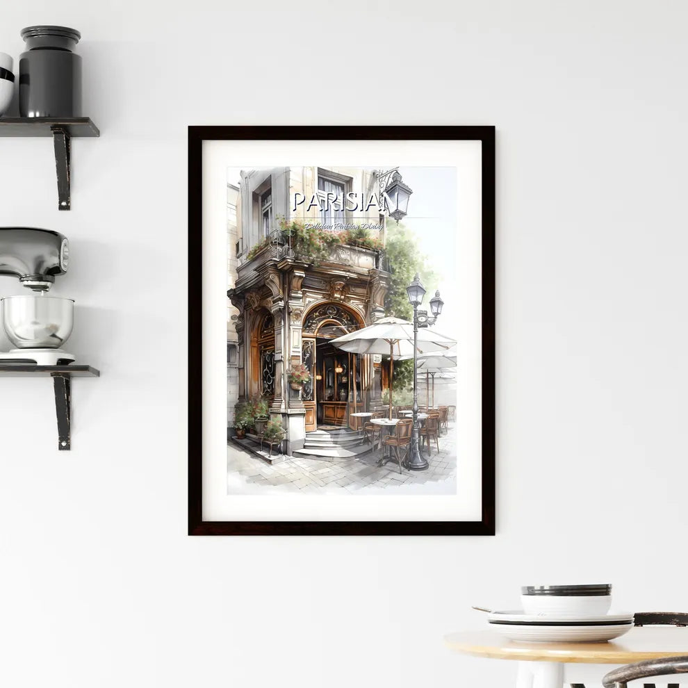A Poster of the exterior of a paris restaurant - A Building With Tables And Chairs Custom Print