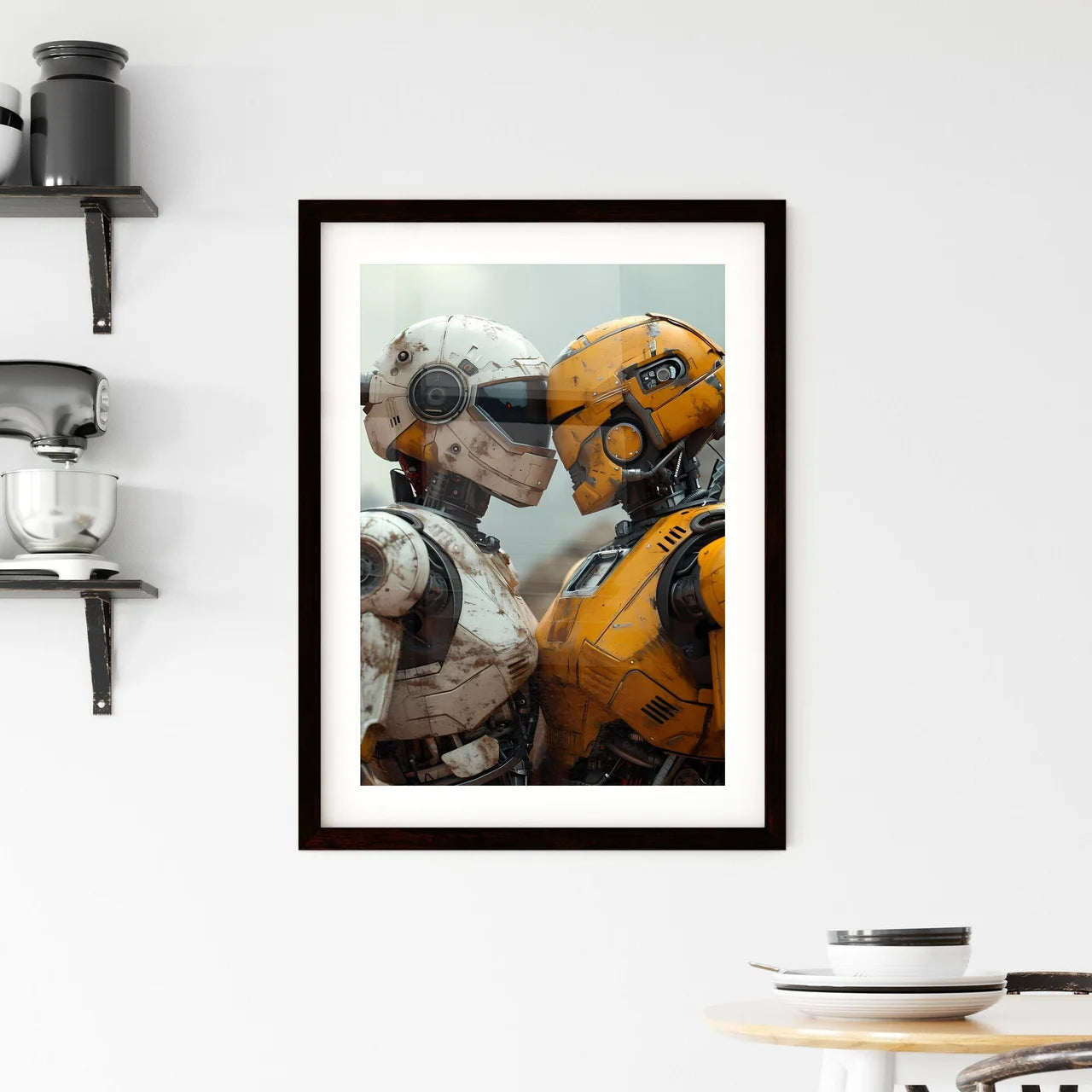 A Poster of an alien and a robot in love - T Framed Print
