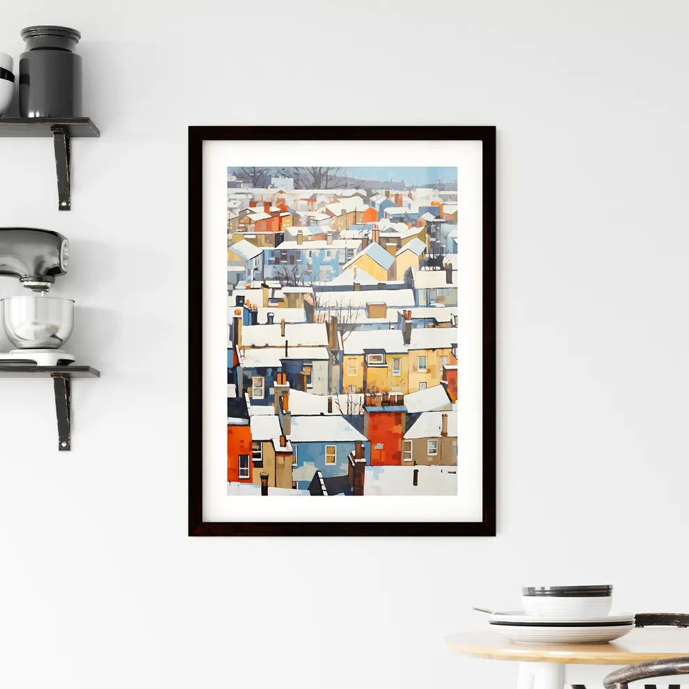 A Poster of snowy urban roofs of london - A Group Of Buildings Covered In Snow Custom Print
