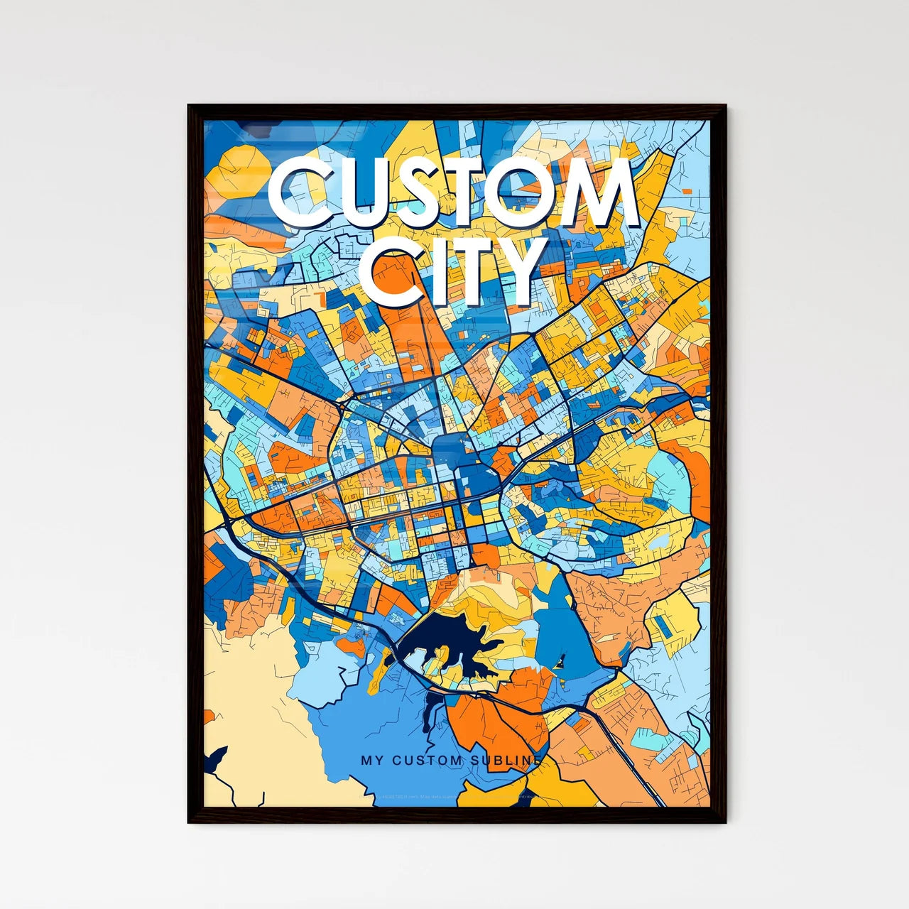Custom VIBRANT BLUE ORANGE City Map - Design your own map poster now!