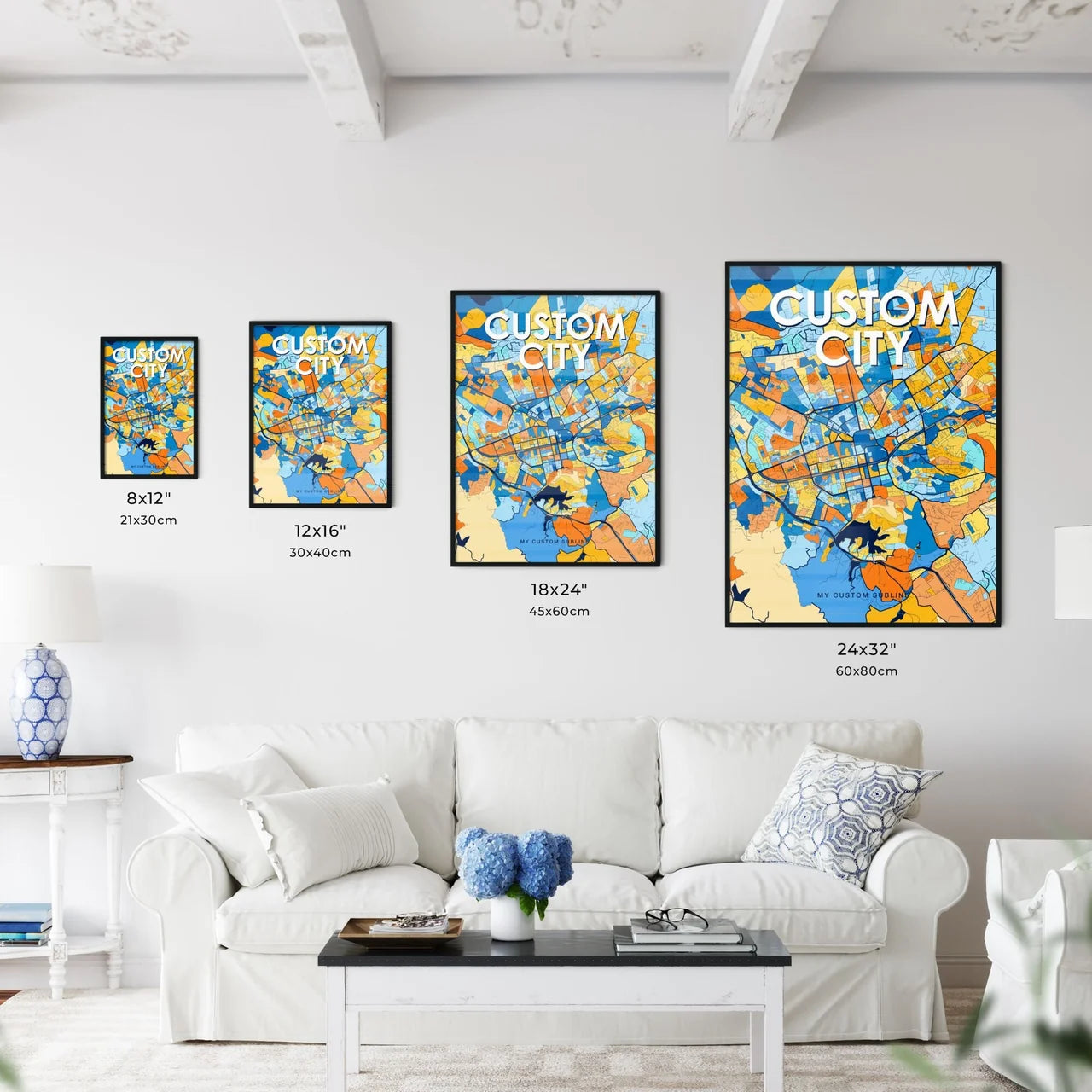 Custom VIBRANT BLUE ORANGE City Map - Design your own map poster now!
