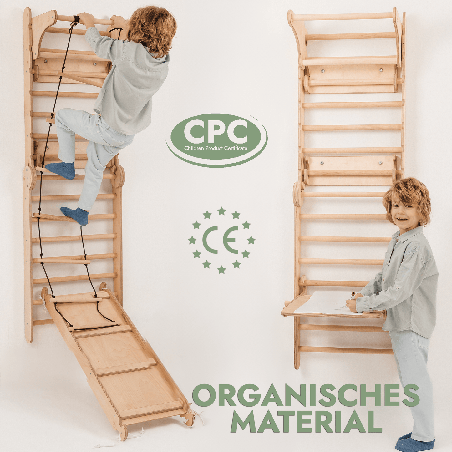 8in1 Kletterwand Indoor: Sprossenwand, Gymnastikringe, Hängende Leiter, Disc-Schaukel, Rutsche, Klimmzugstange, Maltafel und Kinderstuhl für Kinder – Beige