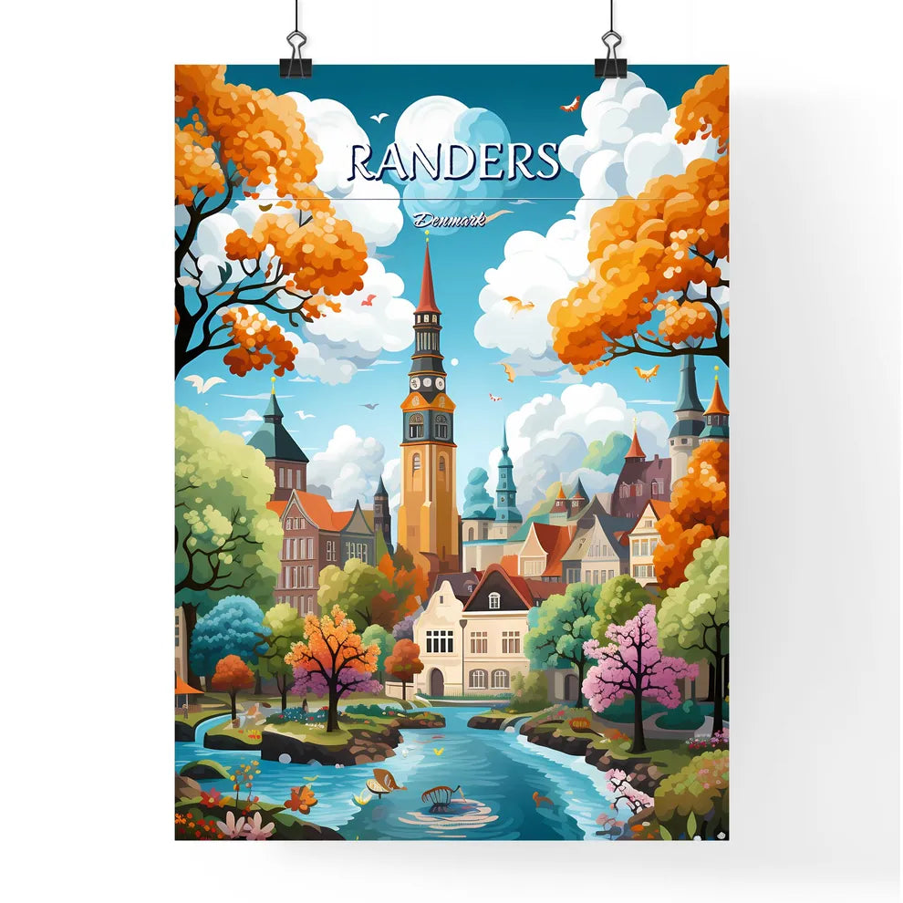Randers, Denmark - Art print of a colorful landscape with a river and trees and a clock tower Poster