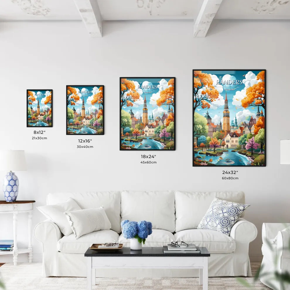 Randers, Denmark - Art print of a colorful landscape with a river and trees and a clock tower Size Chart