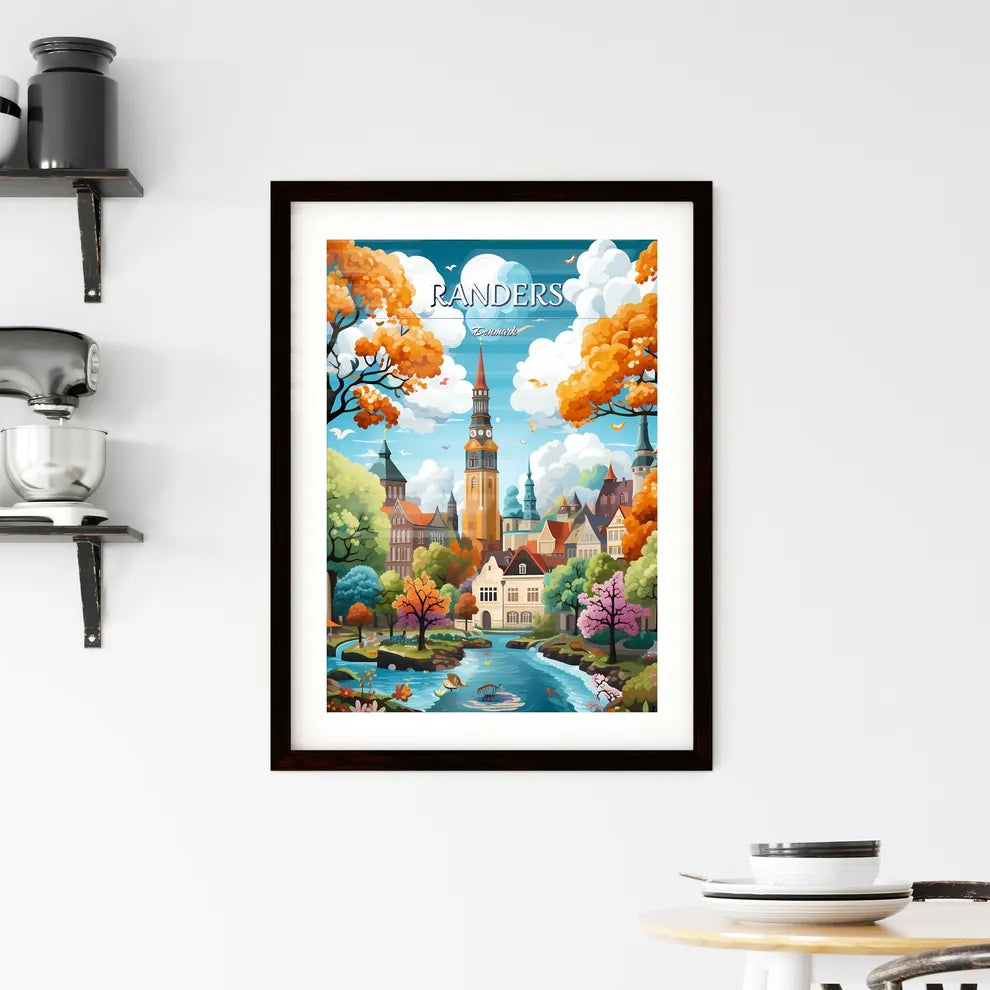 Randers, Denmark - Art print of a colorful landscape with a river and trees and a clock tower Custom Print