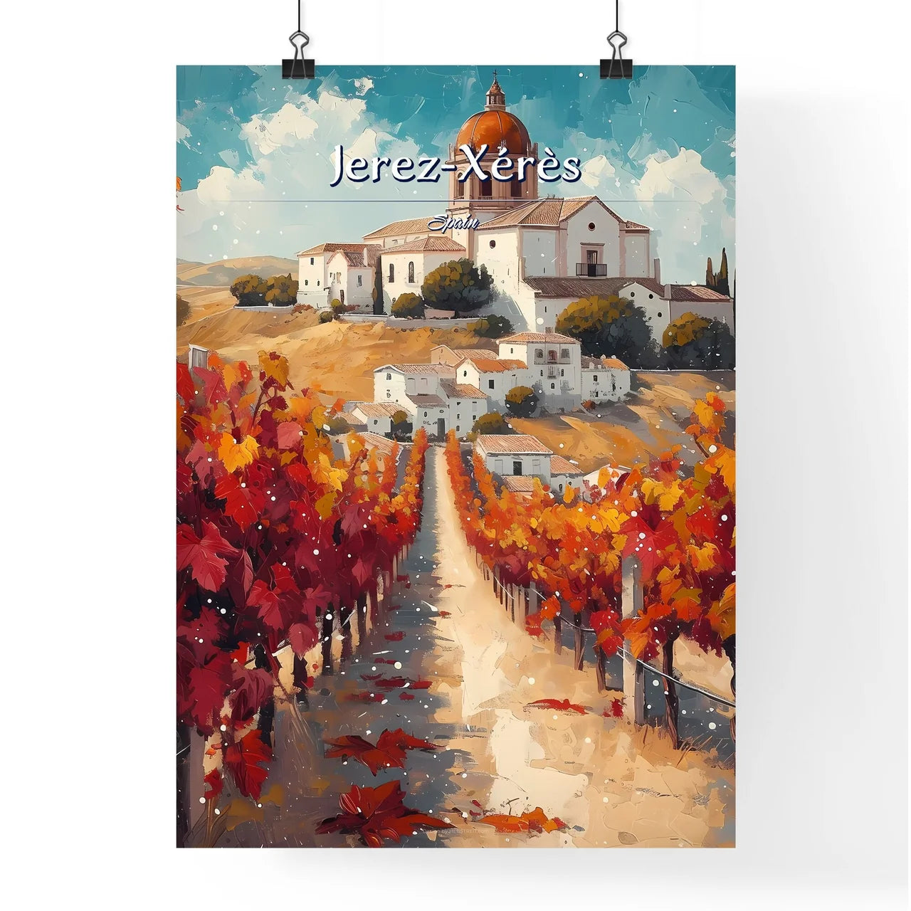 Jerez-Xérès, Spain - Art print of a painting of a vineyard with a building and a dome Poster