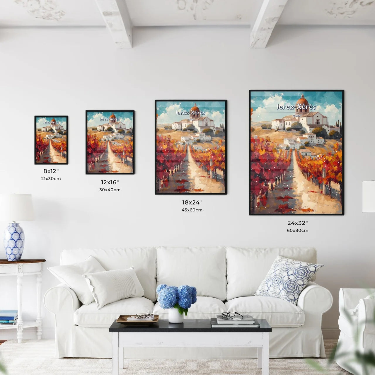 Jerez-Xérès, Spain - Art print of a painting of a vineyard with a building and a dome Size Chart