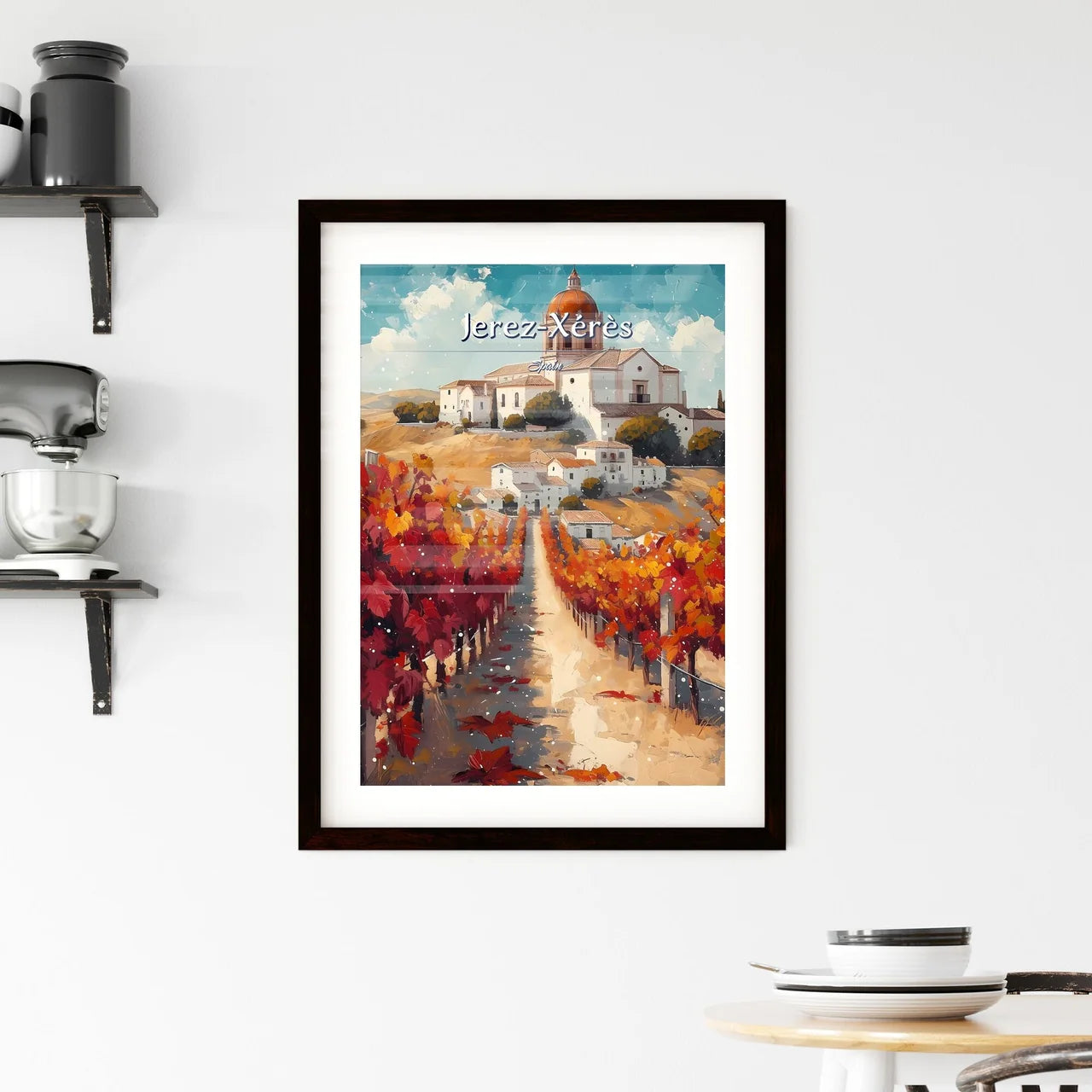 Jerez-Xérès, Spain - Art print of a painting of a vineyard with a building and a dome Custom Print