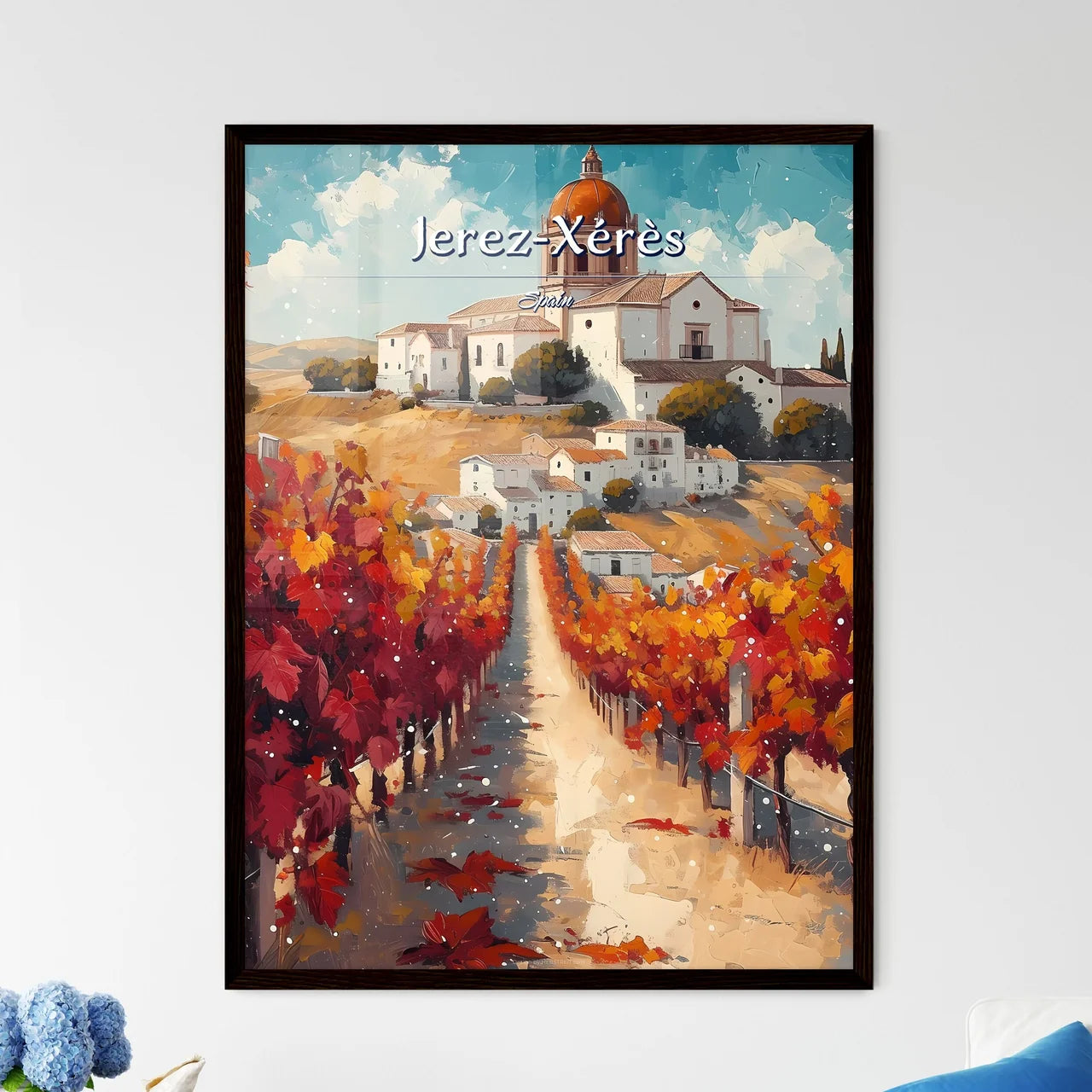 Jerez-Xérès, Spain - Art print of a painting of a vineyard with a building and a dome Framed Art