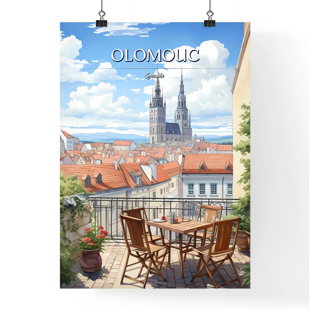 Olomouc, Czechia - Art print of a table and chairs on a balcony overlooking a city Poster
