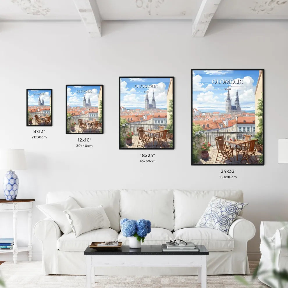 Olomouc, Czechia - Art print of a table and chairs on a balcony overlooking a city Size Chart