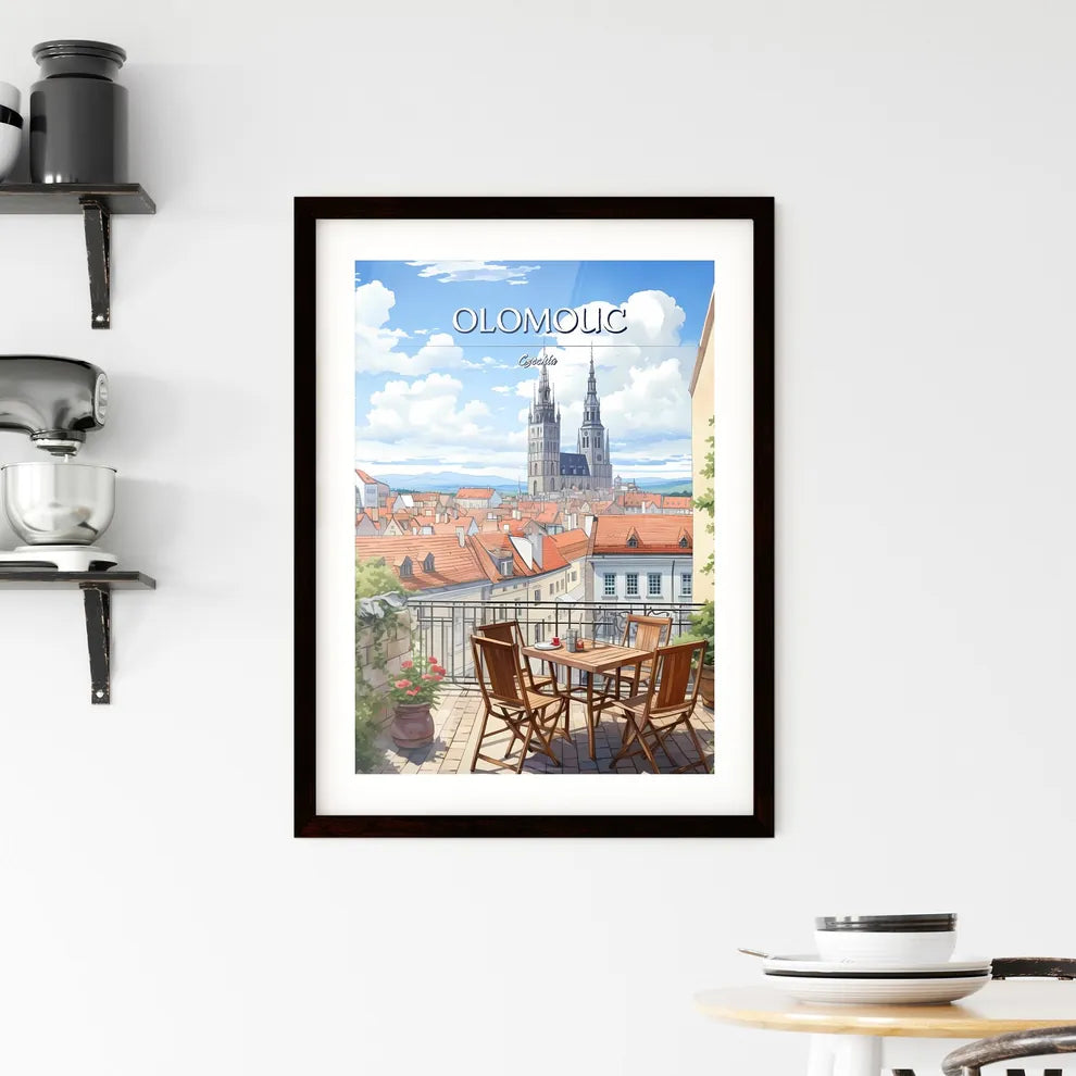 Olomouc, Czechia - Art print of a table and chairs on a balcony overlooking a city Custom Print