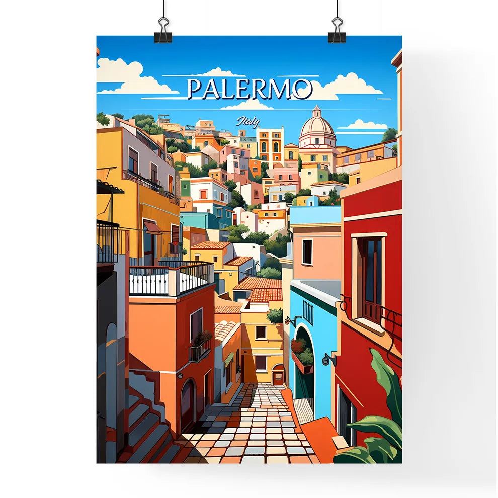 Palermo, Italy - Art print of a colorful buildings on a hill Poster