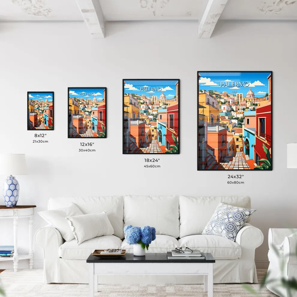 Palermo, Italy - Art print of a colorful buildings on a hill Size Chart