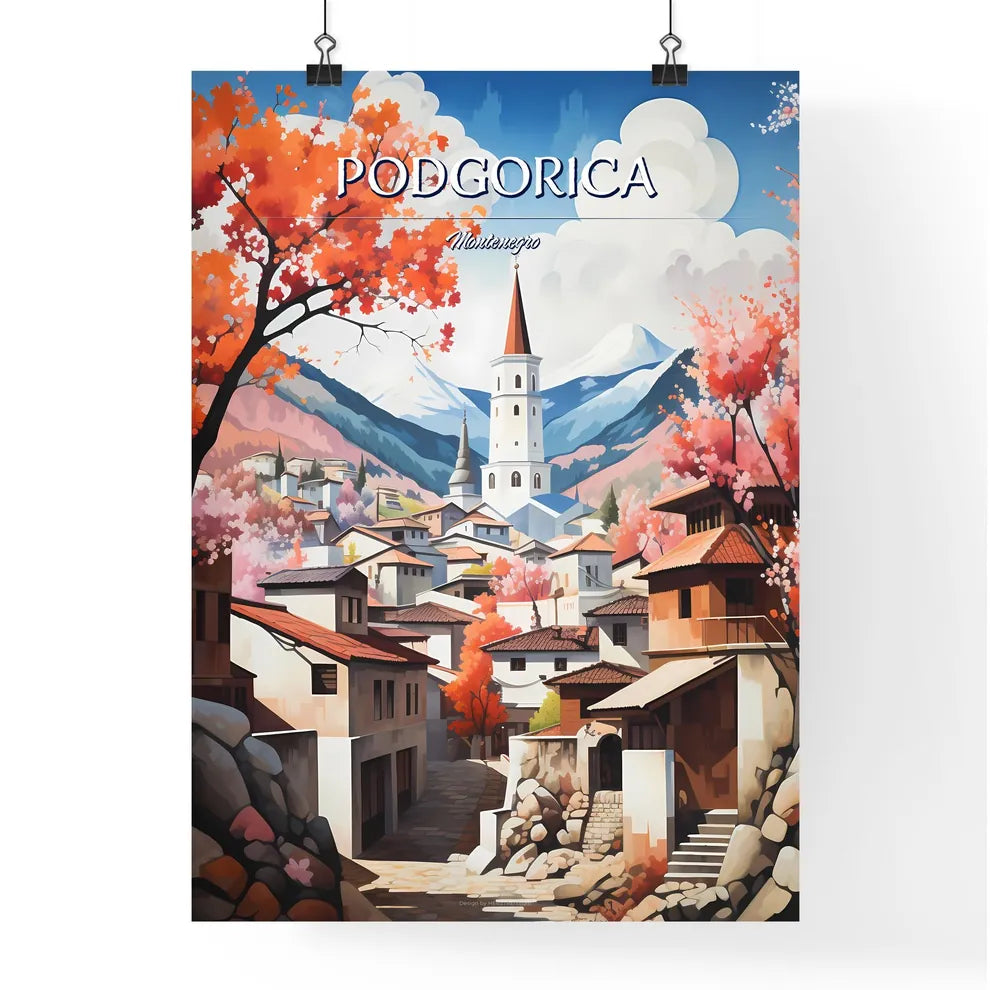 Podgorica, Montenegro - Art print of a painting of a town with a tower and mountains in the background Poster