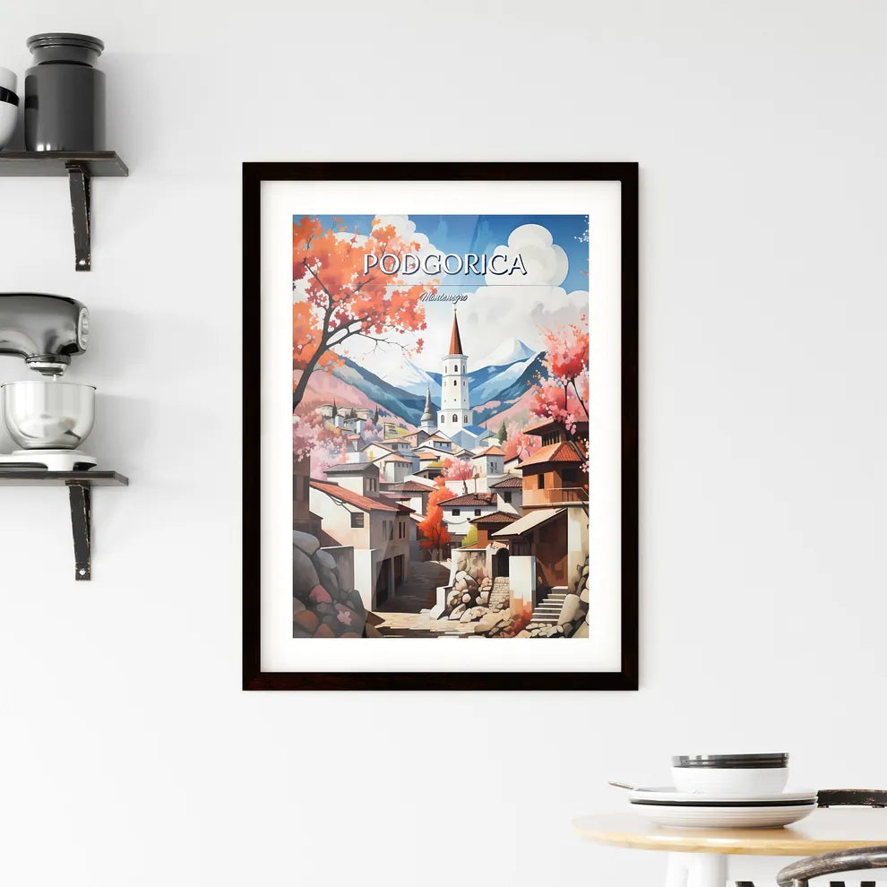 Podgorica, Montenegro - Art print of a painting of a town with a tower and mountains in the background Custom Print