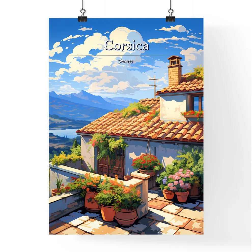 On the roofs of Corsica, France - Art print of a house with plants on the roof Poster