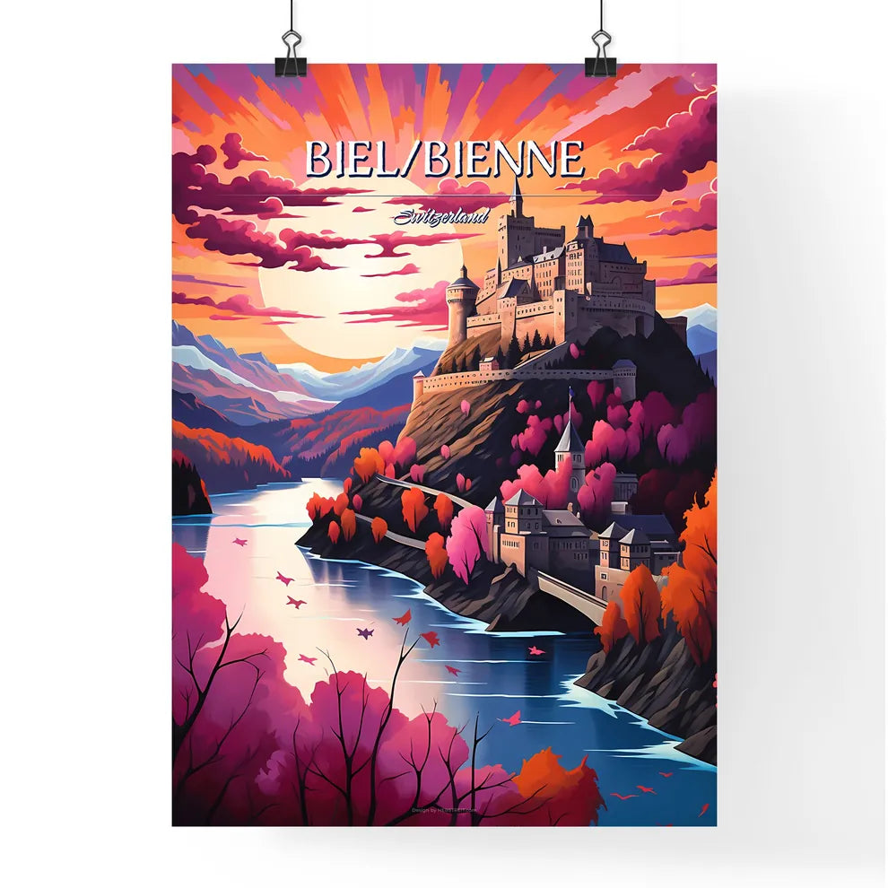 Biel/Bienne, Switzerland - Art print of a castle on a hill with a river and trees Poster