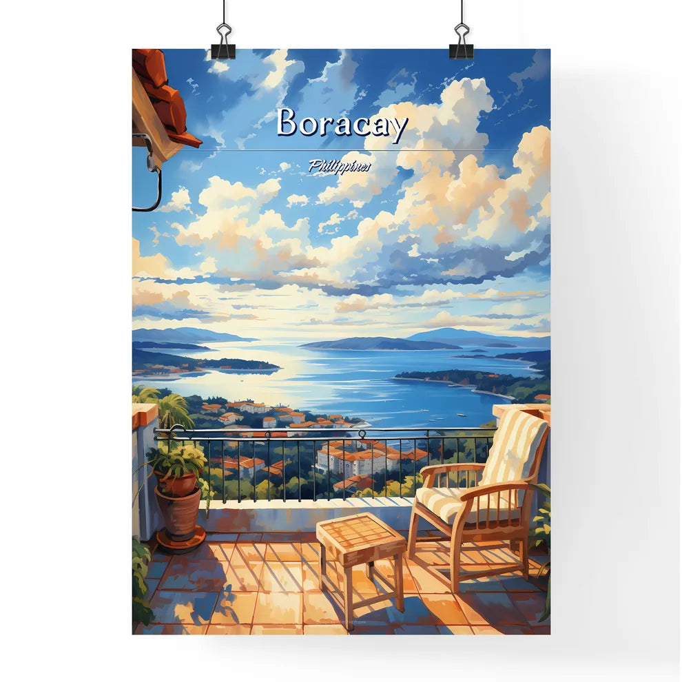 On the roofs of Boracay, Philippines - Art print of a chair on a balcony overlooking a body of water Poster