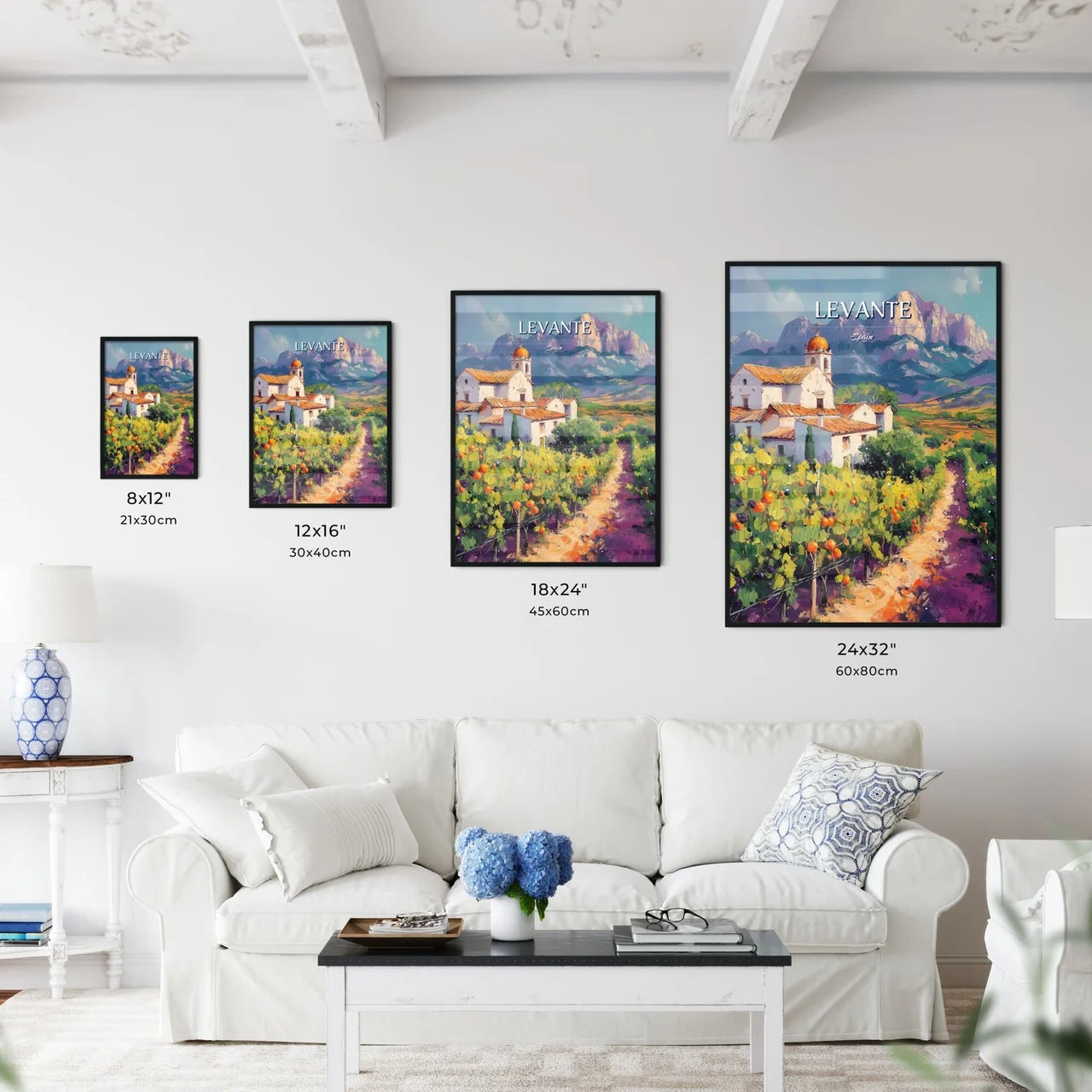 Levante, Spain - Art print of a painting of a house in a vineyard Size Chart