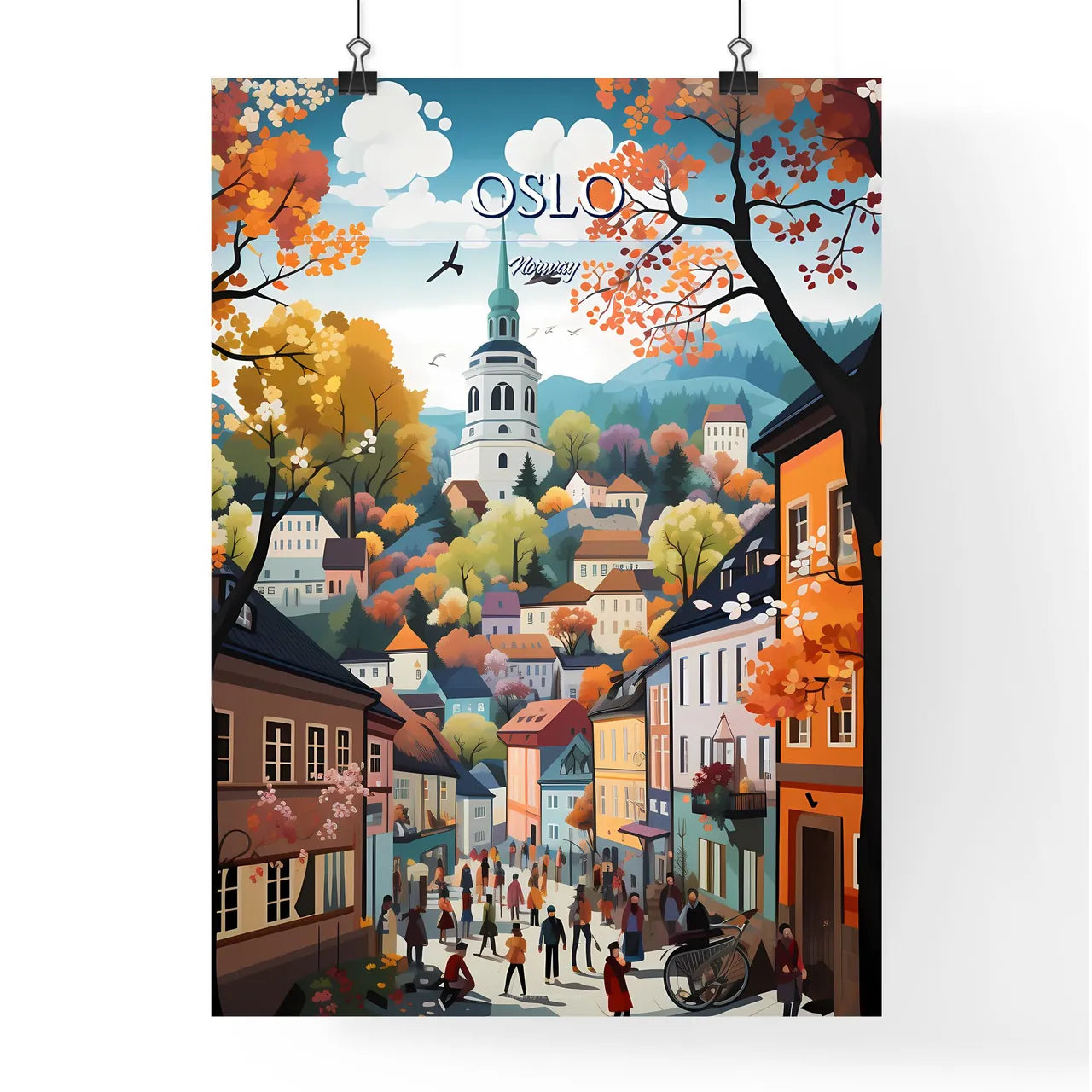 Oslo, Norway - Art print of a painting of a town with trees and a church Poster