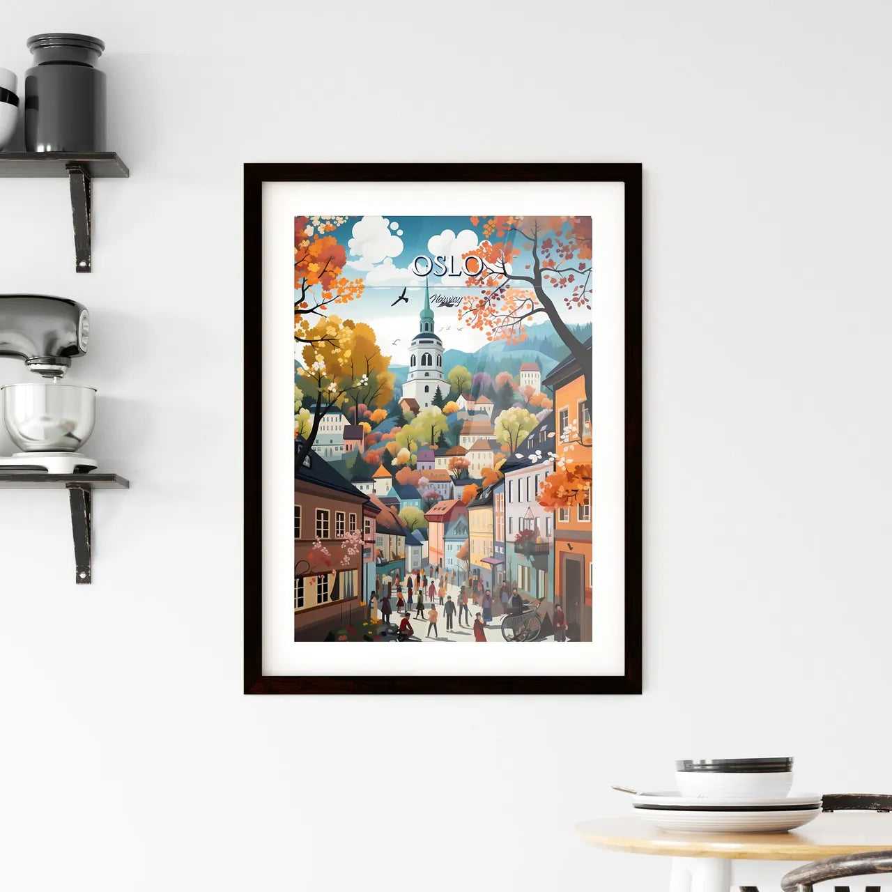 Oslo, Norway - Art print of a painting of a town with trees and a church Custom Print