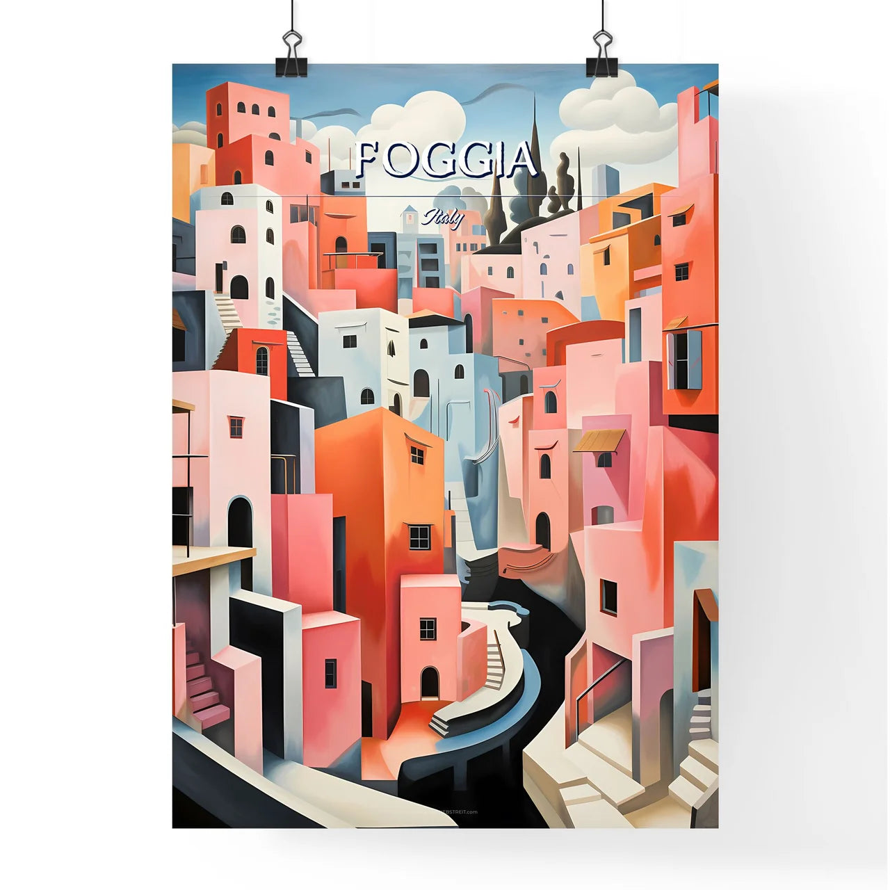 Foggia, Italy - Art print of a painting of a colorful city Poster